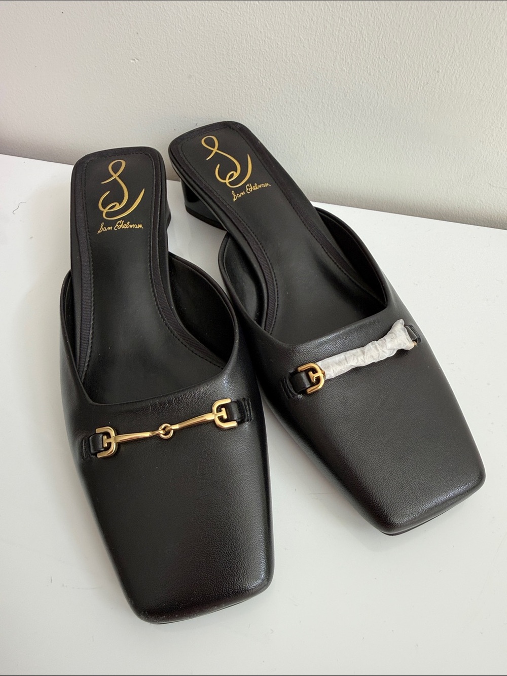 Sam Edelman Black Leather Square-Toe Mules with Gold Accents - Picture 4 of 7
